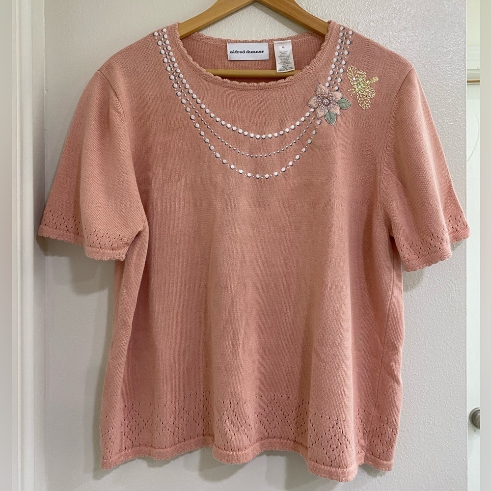 Alfred Dunner Blush bead Embellished Short Sleeve Top size XL